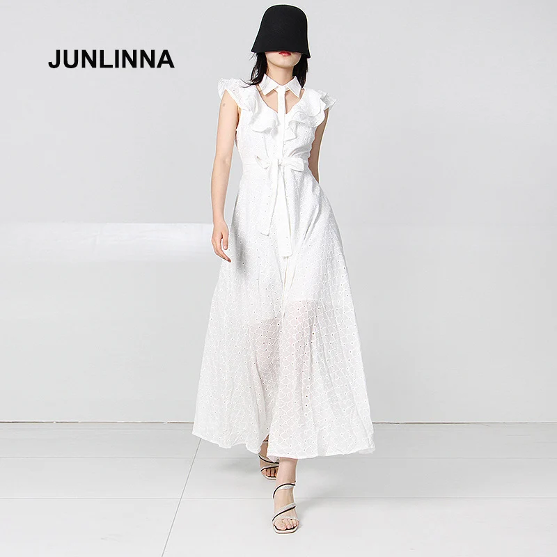 

JUNLINNA Fashion Women Dress 2022 Summer New Lapel Neck Hollow Out Pure Colour Expansion Vestidos Flying Sleeveless Sliming Wear