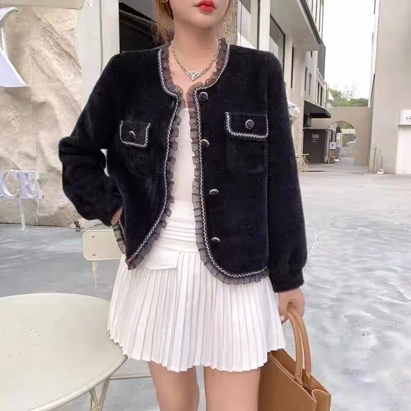 

Новый стильный модный универсальный вязаный кардиган с окантовкой ушей, искусственный норковый бархатный маленький ароматный свитер, женский тренд