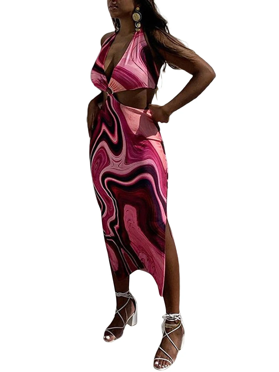 

Женское платье-макси без рукавов, с глубоким V-образным вырезом и лямкой на шее