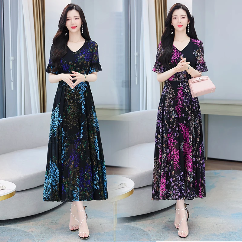 Женское шифоновое платье с коротким рукавом длинное в стиле бохо V-образным