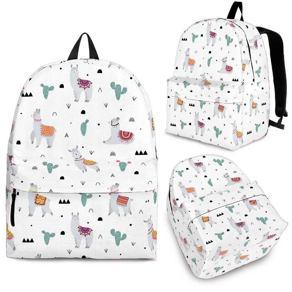 

YIKELUO Cartoon Alpaca Cactus Backpack Comfortable Adjustable Shoulder Strap White Knapsack Leisure Animal Bag Textbook Bag