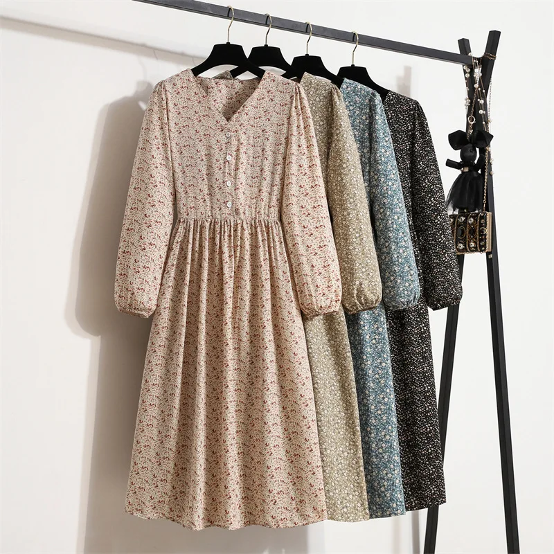 

Women Korean Fashion Long Sleeve Buttons V Neck Floral Print Dress Spring Fall A Line Slim Mid-cald Party Dresses Vestido