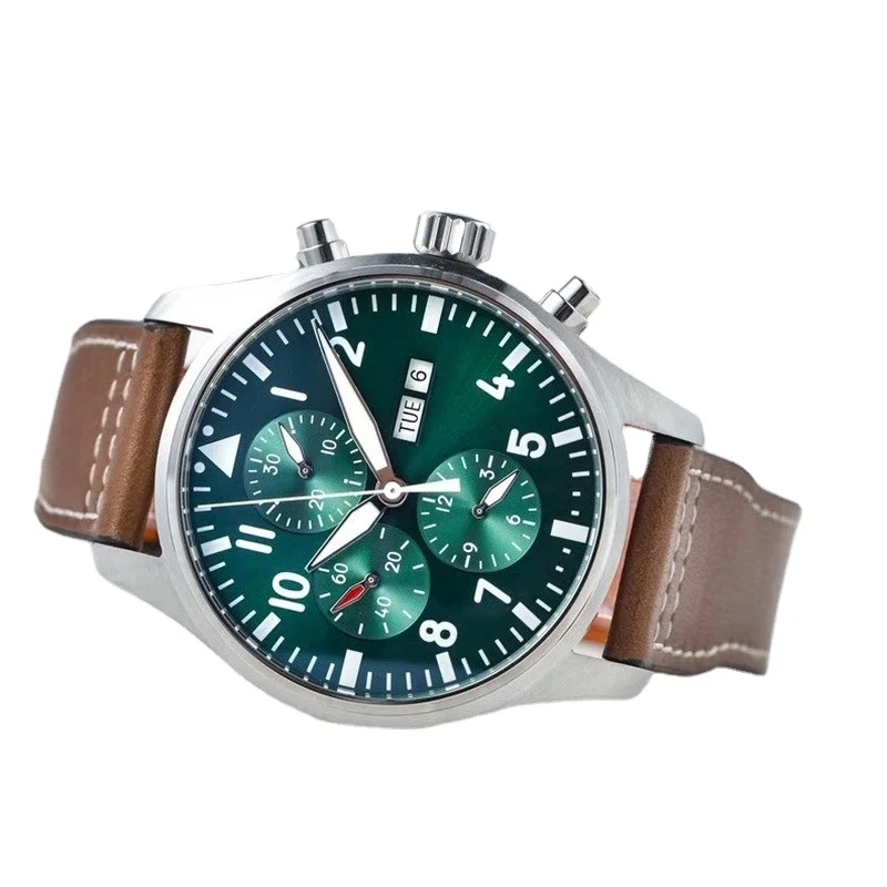 

mens mechanical watch Pilots automatic Green Brown Leather
