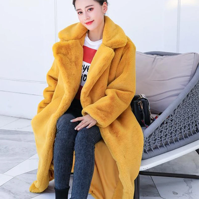 Women Winter Furry Warm Fur Outerwear Fashion Loose Faux Fur Rabbit Long Jacket Casual Thickened Mink Fur Coat Fluffy Jackets