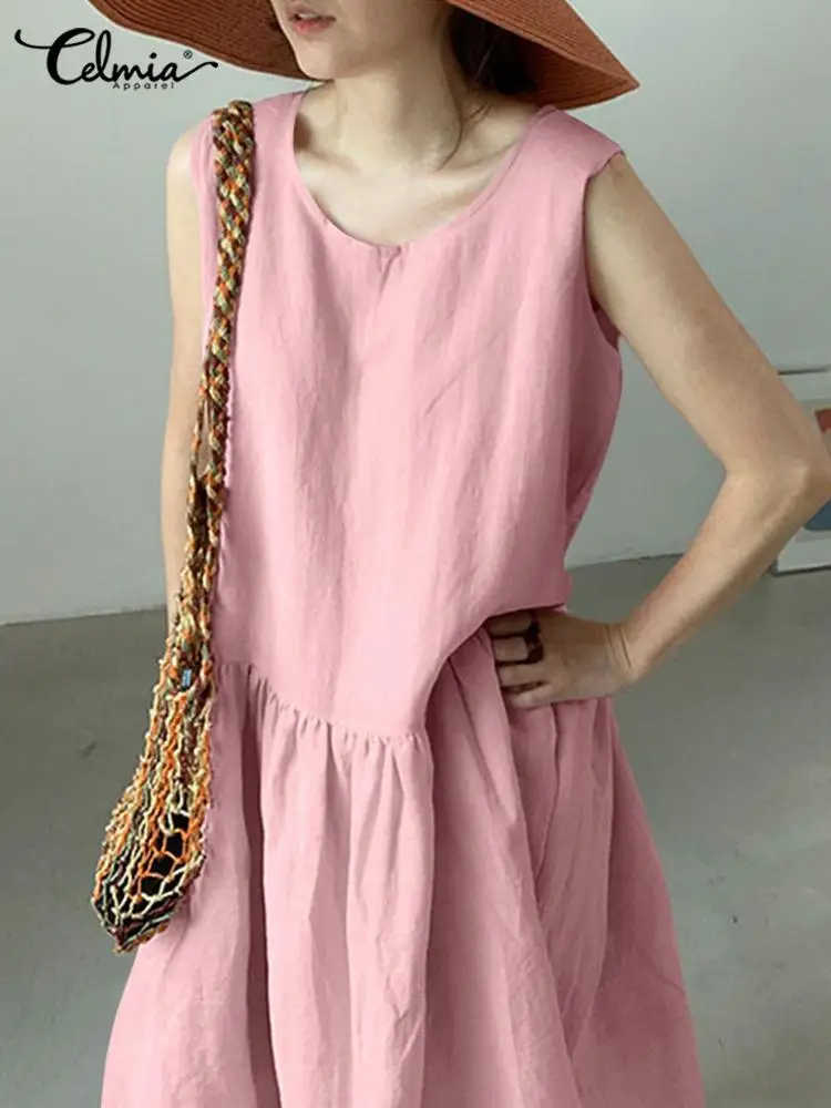 

Summer Pleated Gathering Midi Vestidos Robe Celmia Women Sleeveless Long Dress 2022 Casual Loose Lady Cotton Round Neck Sundress