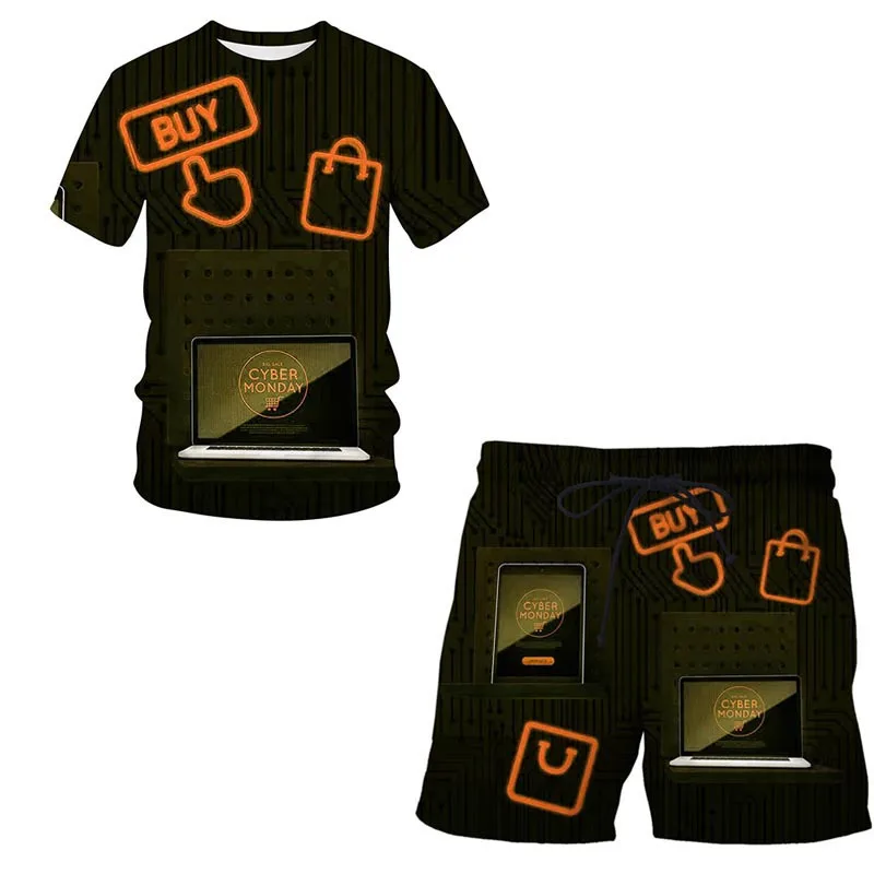Summer New Men's Suit Short Sleeve + Shorts Two-piece Cybertech 3D Print Fashion Casual Oversized O Neck T-shirt Tracksuit