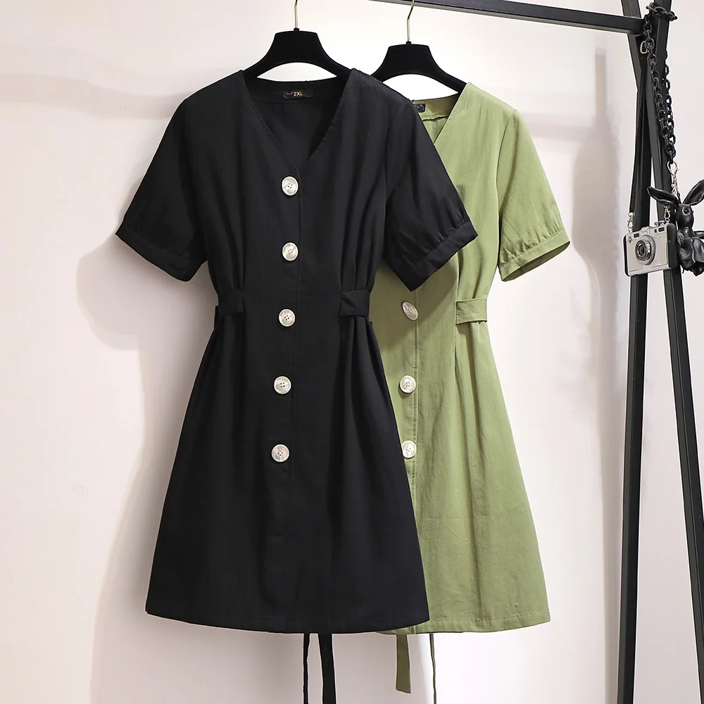 

Plus Size 6XL 2022 Fashion Summer Dress V Neck Short Sleeve Belt Casual Dress Loose Office Midi Dresses