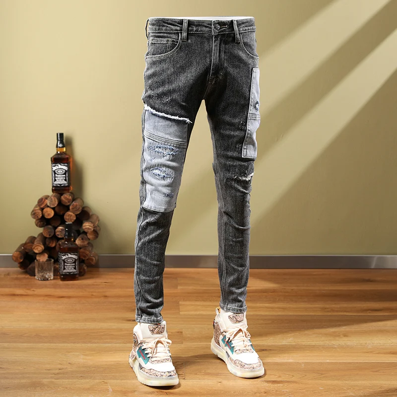 High Street Fashion Men Jeans Retro Black Gray Elastic Skinny Fit Ripped Jeans Men Patched Designer Hip Hop Stretch Pants Hombre