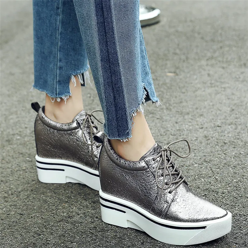2023 Platform Shoes Women Lace Up Genuine Leather Wedges High Heel Party Pumps Female Round Toe Fashion Sneakers Casual Shoes