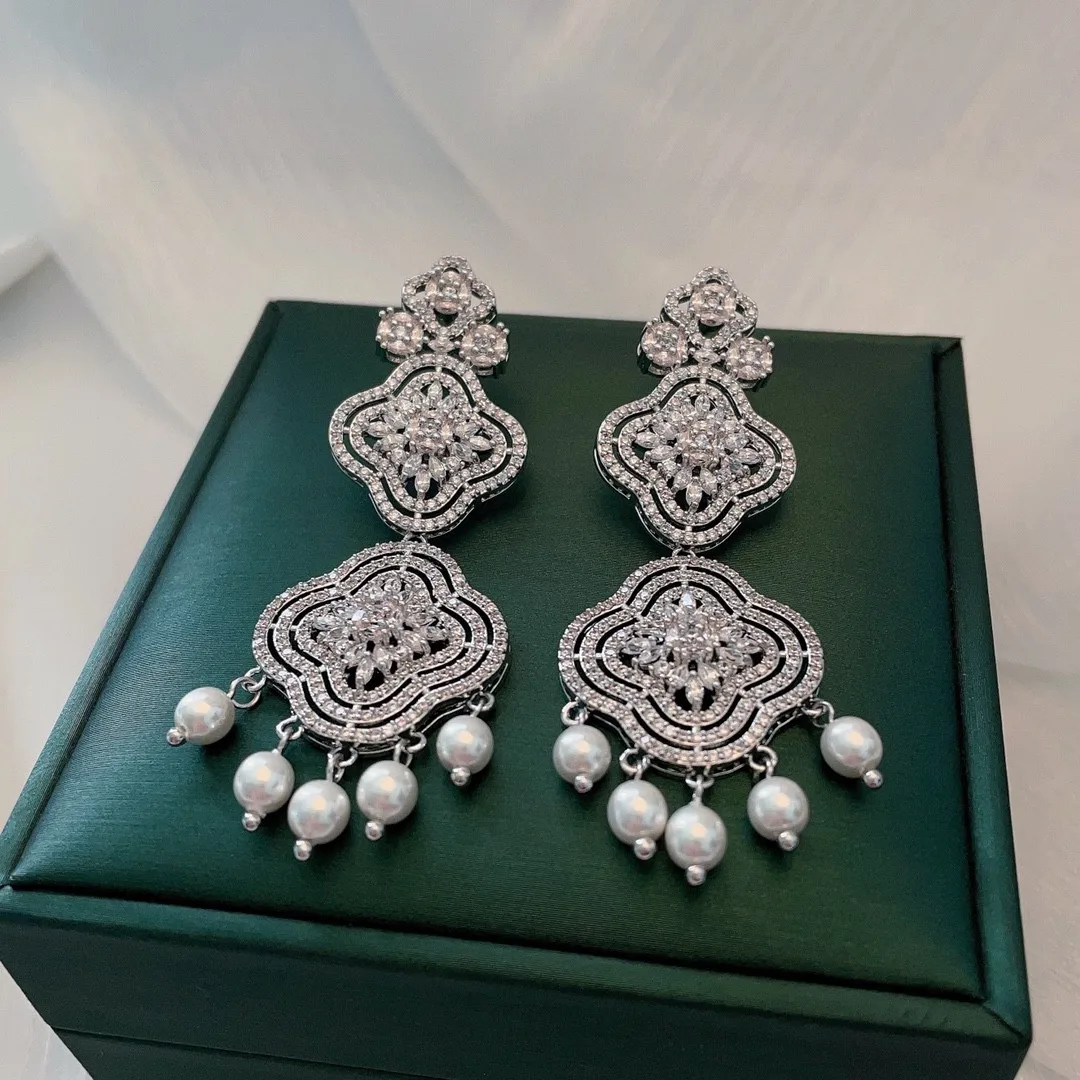 

vintage court flowers pearl fringed earrings European ethnic ssparkling zircon banquet long fine jewelry
