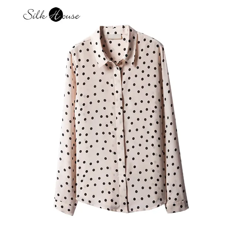 

Pink Polka Dot Silk Crepe De Chine Shirt Commuter Shirt Mulberry Silk Long Sleeve French Top 2023 Women's Fashion New Style