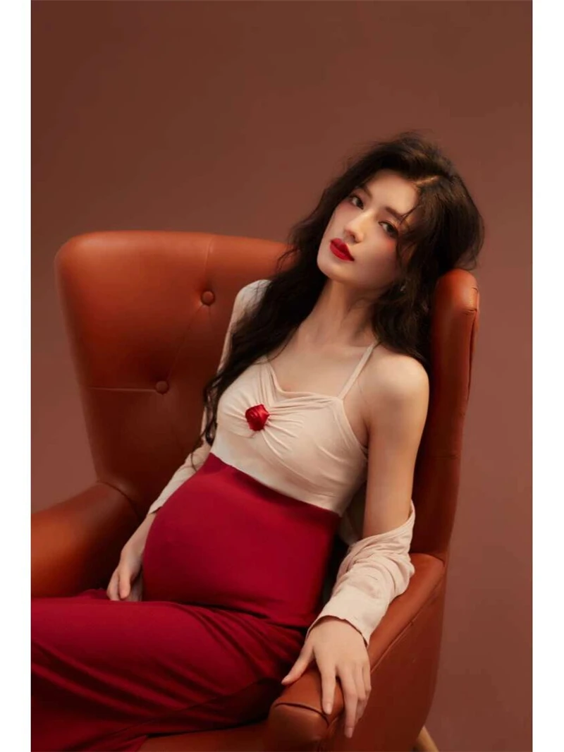Dvotinst Women Photography Props Maternity Pregnancy Tank Dress with Cardigans Vintage Elegant Studio Shoot Photoshoot Clothes enlarge