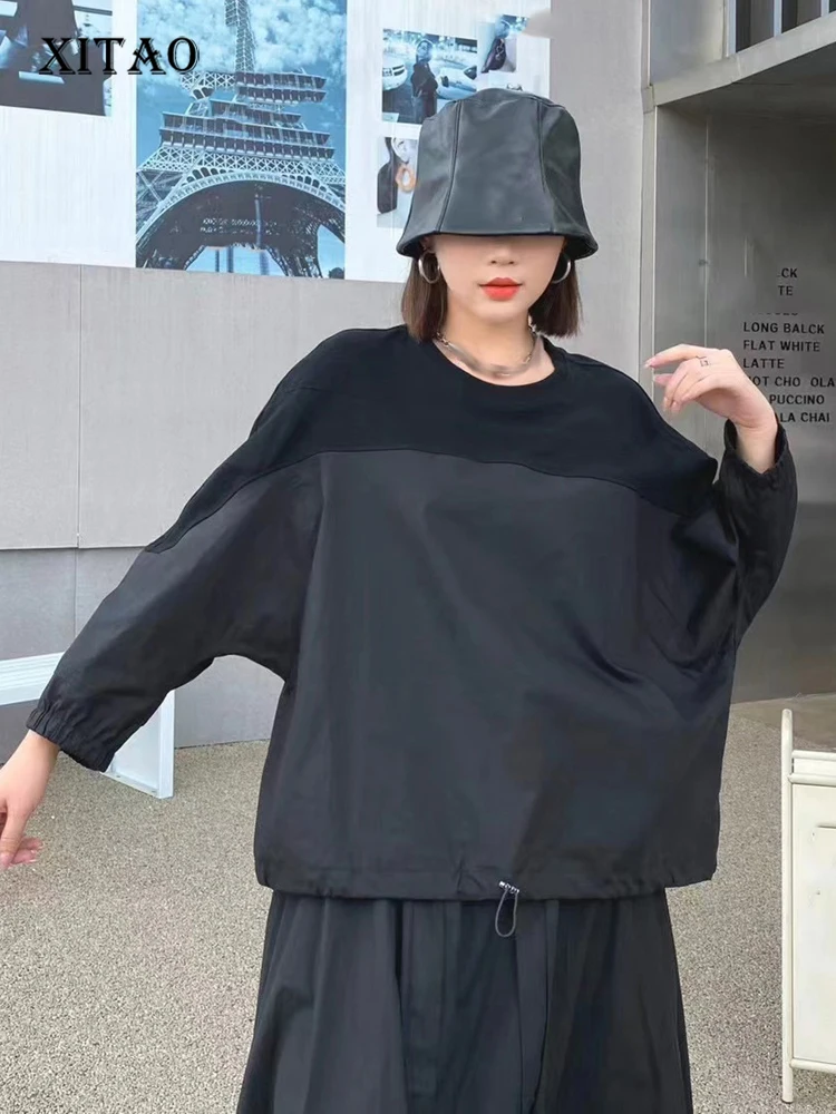 

XITAO Casual Bat Wing Sleeve T-shirt Loose Fashion Solid Color Patchwork Draw String Hem 2023 Autumn New All-match Top DMJ2299