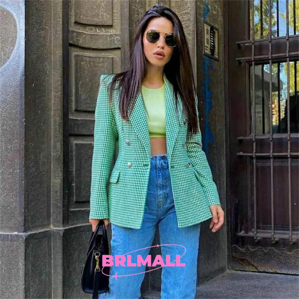Summer Plaid Women Suit Coat Blazer Double Breasted Casual Outfit Green Pink Business Women Suit Jacket Plus Size High Quality