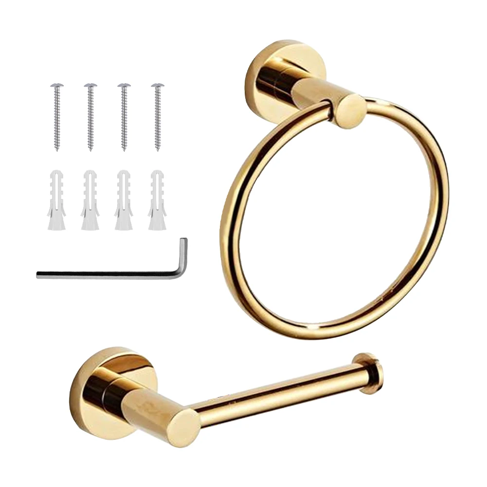 

2pcs Wall Mounted Bathroom Easy Install Durable Hotel Restaurant Wrench Towel Ring Heavy Duty Solid Toilet Paper Holder Set