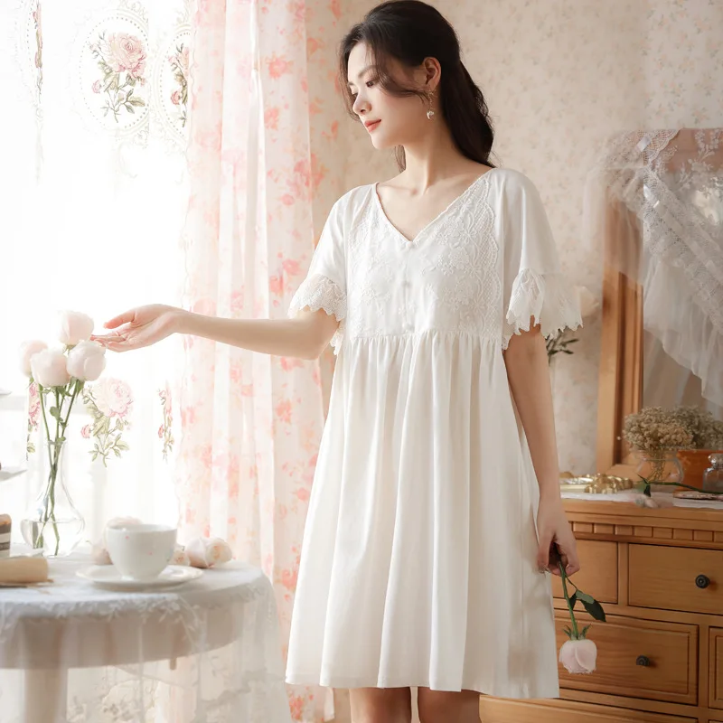Summer Cotton Mini Night Dress Women White Sexy Lace Short Sleeve Nighty Princess Sleepwear Sweet Vintage Nightgowns Home Wear