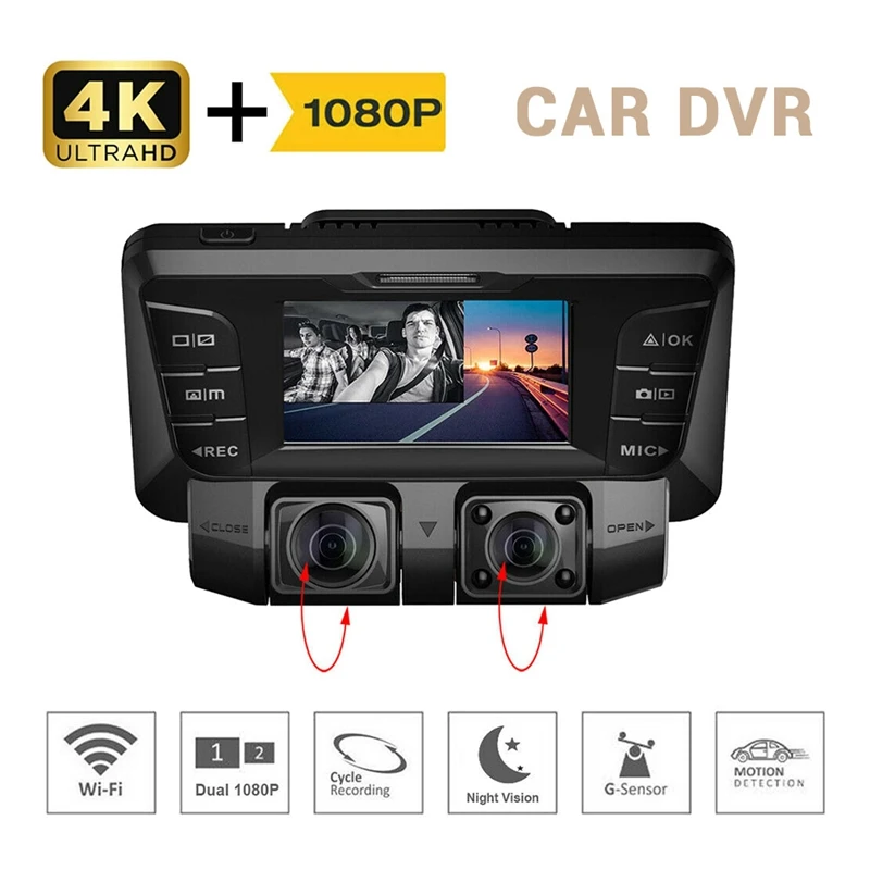

4K Car Dash Cam Wifi Car DVR Video Camera Dual Lens Front And Cabin FHD 1080P+1080P Driving Recorder For Car Taxi Uber
