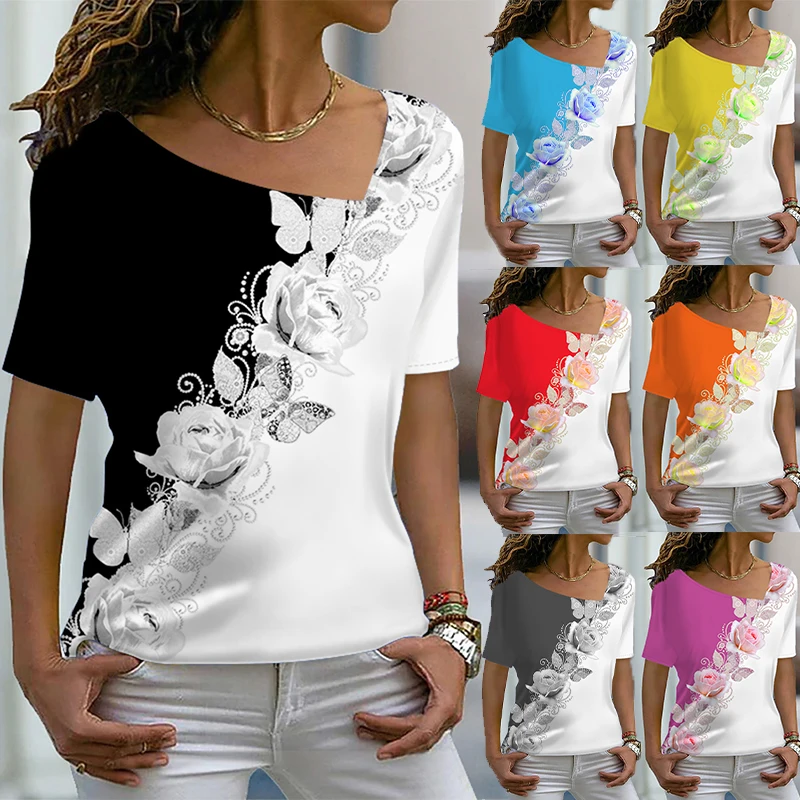

Women's Floral Painting T Shirt Rose Floral Print V Neck Basic Tops Short Sleeve T-shirt XS-8XL