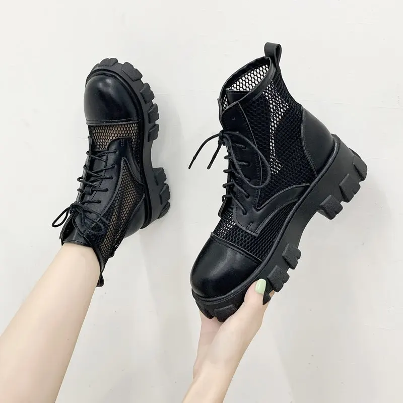 

CXS Women Boot Black Mesh Lace Up 2023 New Punk Gothic Women's Ankle Boots Platform Shoe Women Summer Boots Ladies Size 40