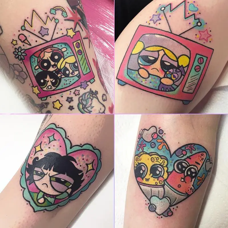 

17 Pieces/Set Cute Cartoon Blossom Bubbles Buttercup Tattoo Stickers Waterproof Female Long-lasting Temporary Tattoo Stickers