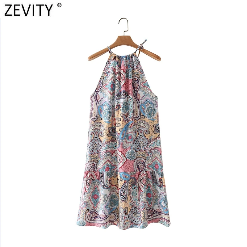 

Zevity 2021 Women Vintage Totem Cashew Nuts Flower Print Halter Mini Dress Female Chic Bohemian Vestidos Casual Clothing DS8322