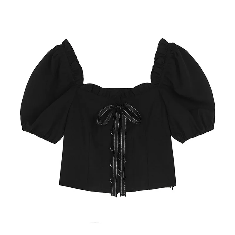 

Vintage Crop Shirt Chic Bandage Goth Black Streetwear Sexy Female Blouse Elegant Square Collar Puff Sleeve Clothes