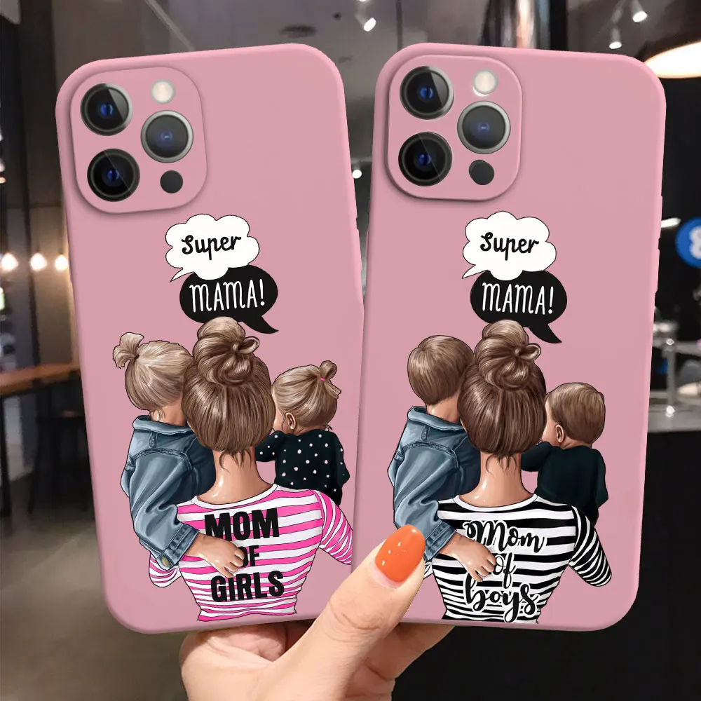 

Super Mama Girl Mom Boy Baby Phone Case For iPhone 11 12 13 Pro Max Mini X 7 8 Plus XR XS Max SE 2020 pink Silicone Back Cover