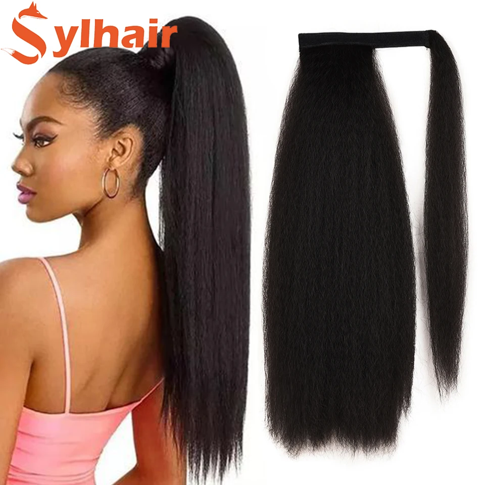 

Synthetic Straight LongPonytailHairExtension 22 Inch Magic Paste Heat Resistant Wrap Around Yaki Ponytail for Black Women Sylhai