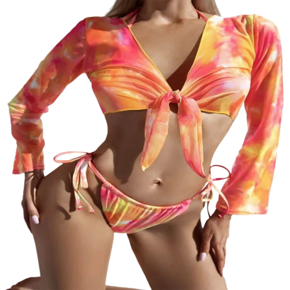 

Женский комплект бикини на завязках FS, оранжевый купальный костюм из трех предметов с микро стрингами и завышенной талией, на шнуровке, на лето, 2022