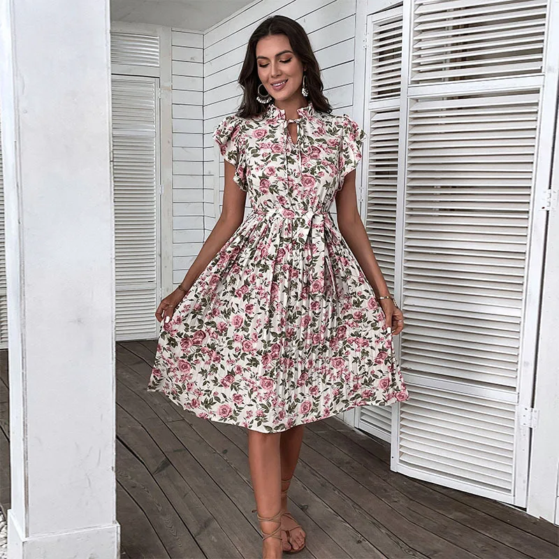 

Vintage Floral Print Pleated Dress Women Casual Bandage White Midi Beach Dress Elegant Fashion Ruffle Sleeve A-line Dresses 2022