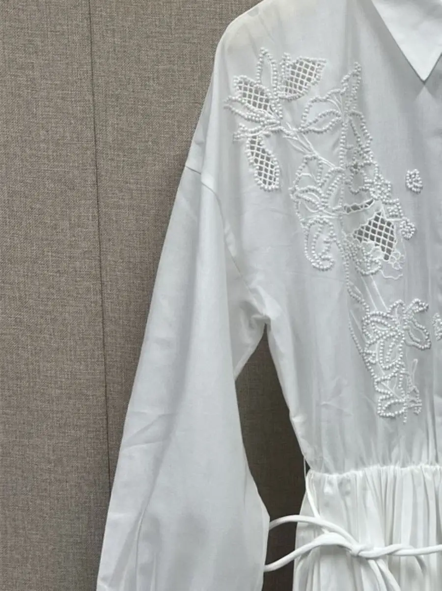 

Women's Robe Floral Beaded Embroidery Hollow Out Lace Up Waist Long Sleeve Turn Down Collar Single Breasted Pleated Mini Dress