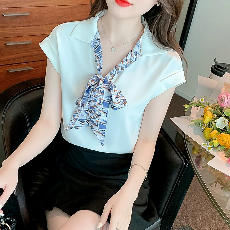 

Белая рубашка большого размера, летняя Свободная Женская блузка с бантом, новинка 2022, повседневный топ без рукавов, модная женская одежда в ...