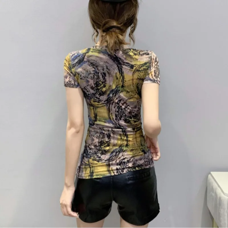 # 5154 Летняя футболка с принтом Повседневная винтажная сетчатая короткими