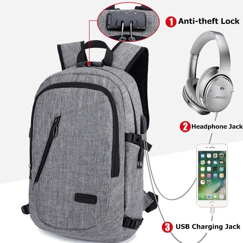

Men Fashion Backpack Coded Lock USB Charging Earphone Interface Laptop Male Travel Bag Knapsack Boy Anti Theft Schoolbag