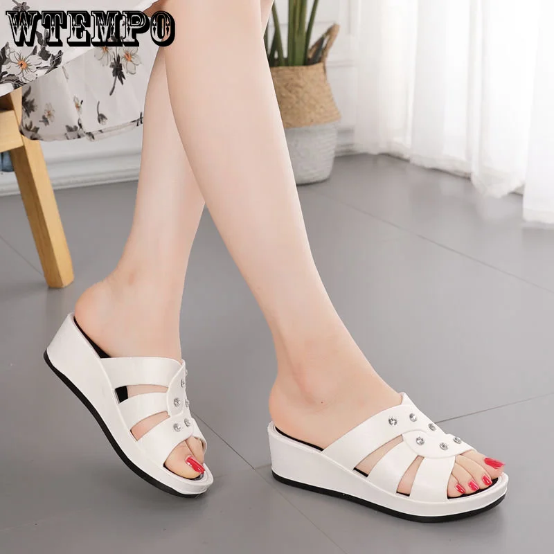 WTEMPO Women's High Heel Slippers Summer Wear Thick Bottom Fashion Home Non-Slip Mother Shoes Soft Wedge Sandals Wholesale