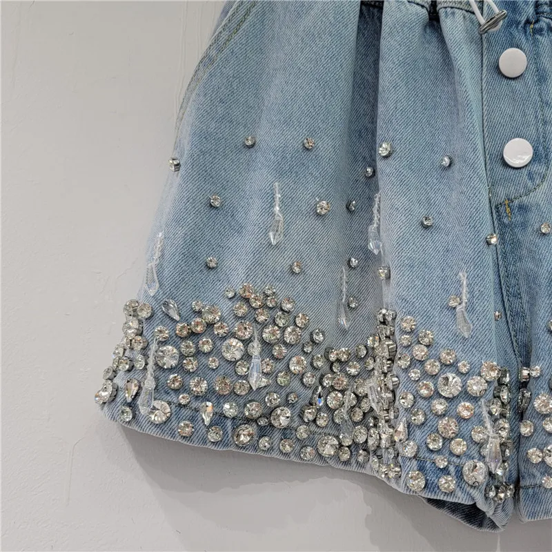 2023 Summer New Heavy Industry Tassel Bead Diamond High Waist Slimming Wide-Leg Denim Shorts Women