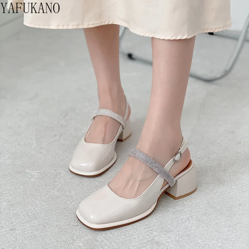 

French Retro Square Toe Mary Jane Sandals Womens Fashion Fairy Style High-end Rhinestone High Heels Chunky Heel Slingback Pumps
