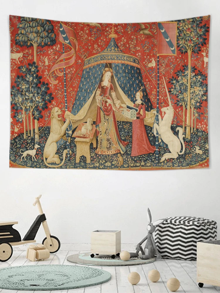 

Woman And Unicorn Europe Royal Medieval Tapestry Bedroom Living Room Sofa Home Decor Background Wall Covering