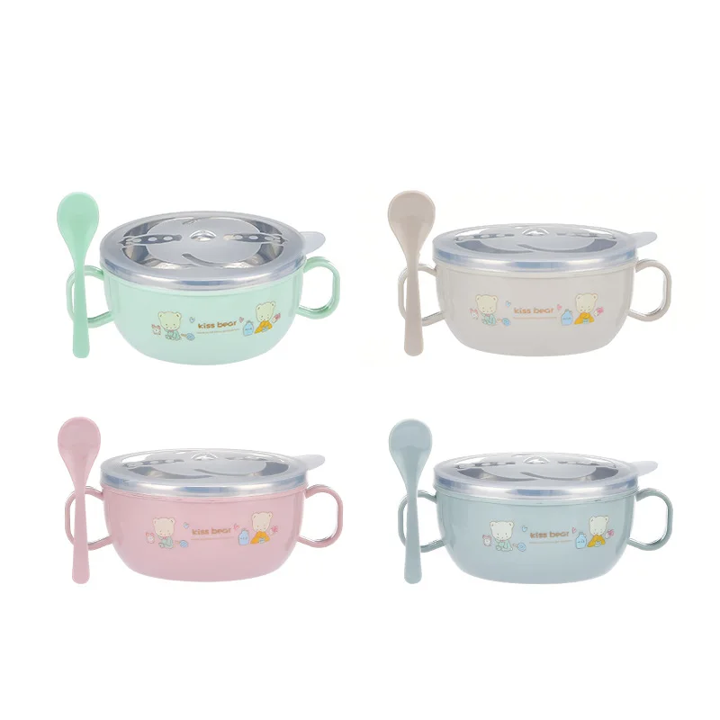 

Stainless steel children's cartoon rice bowl double layer insulated double ear bowl baby with handle side food bowl Anti drop bo