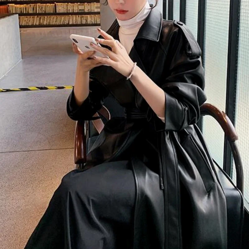 Autumn Spring Black Oversized Long Waterproof Leather Trench Coat for Women 2023 Long Sleeve Loose Korean Fashion Clothing