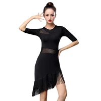 latin dance dress sexy lace mesh tassel dance dress women salsa tango costume asymmetrical fringe ballrom performance clothes