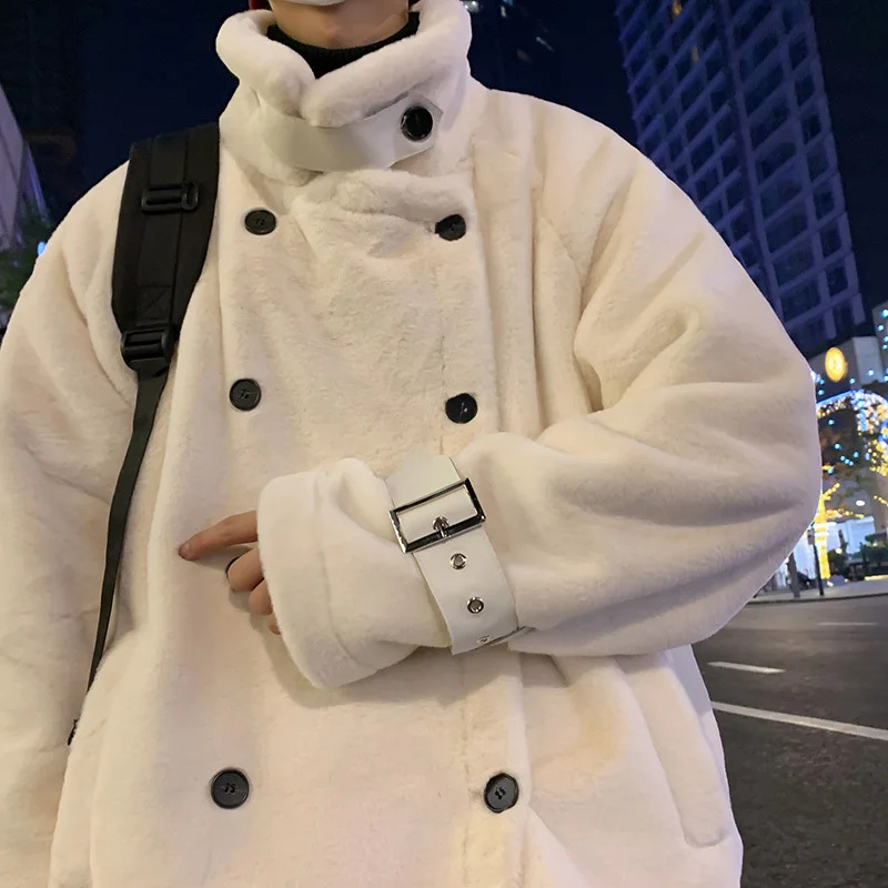 Winter Jacket Men Warm Fashion Double Breasted Thicken Plush Jacket Men Streetwear Korean Loose Thick Short Coat Mens Clothes