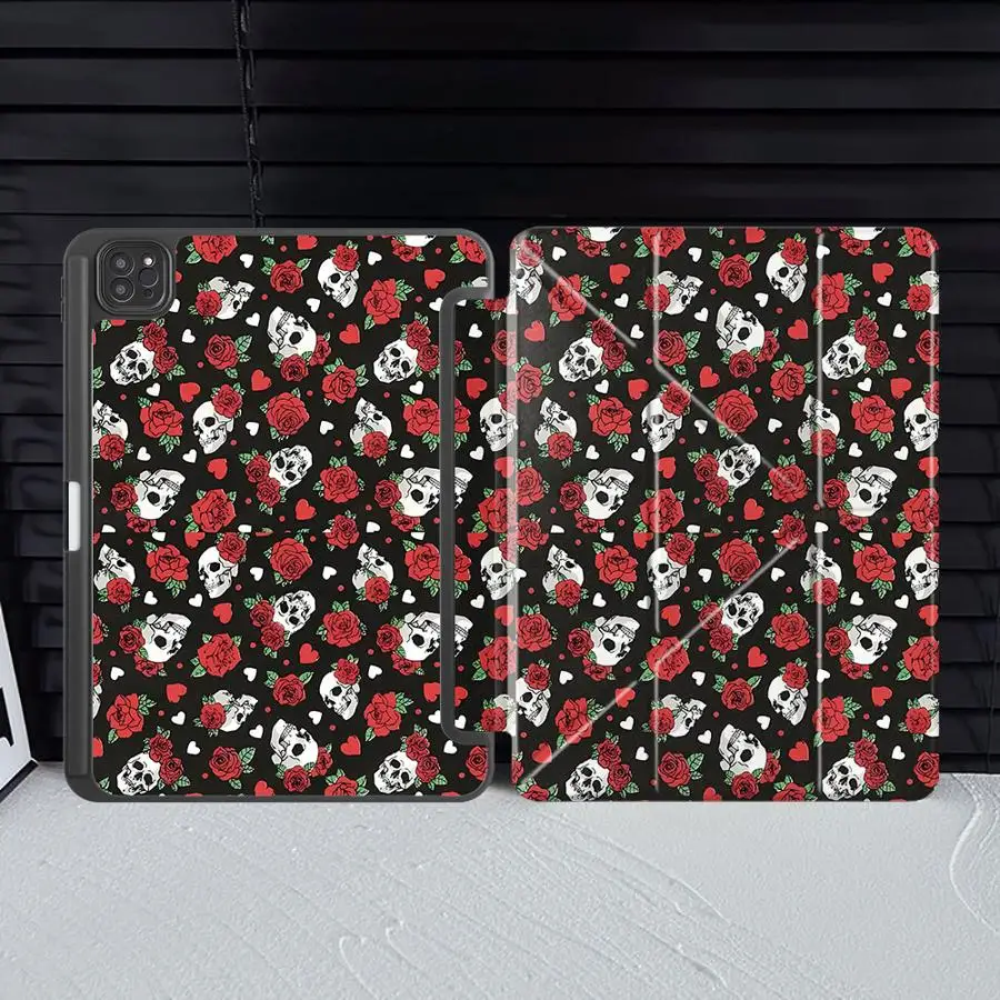Чехол для планшета iPad Pro 11-го, 10-го, 9-го, 8-го, 7-го поколений, 12.9 дюймов Pro 2025, Air 4, 5, M3, M2, M4, 11 дюймов, Mini 6, 7, с держателем, дизайн «Череп и роза» (art.: 3920daf7ddbc2) - 3920daf7ddbc2