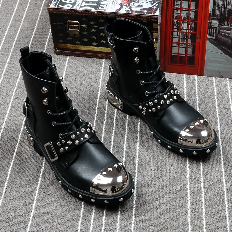 Spring and summer men's leather boots punk style Rivet metal motorcycle Martin fashion high top short men boots genuine leather