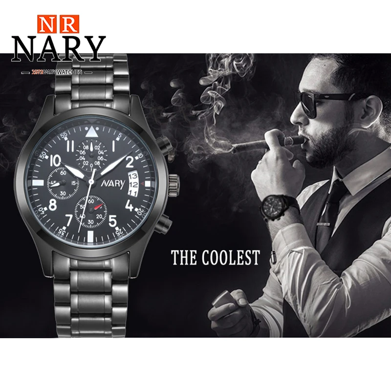 NARY Fashion Business Men Watch Stainless Steel High Quality Luxury Push Button Hidden Clasp Waterproof Calendar Wristwatch 8005 enlarge