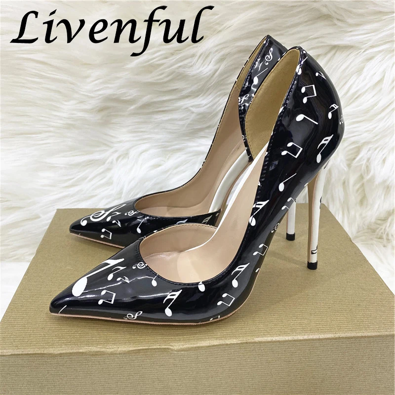 

Женские лакированные кожаные туфли-лодочки с граффити, привлекательные женские туфли-лодочки на высоком каблуке-шпильке с острым носком, н...