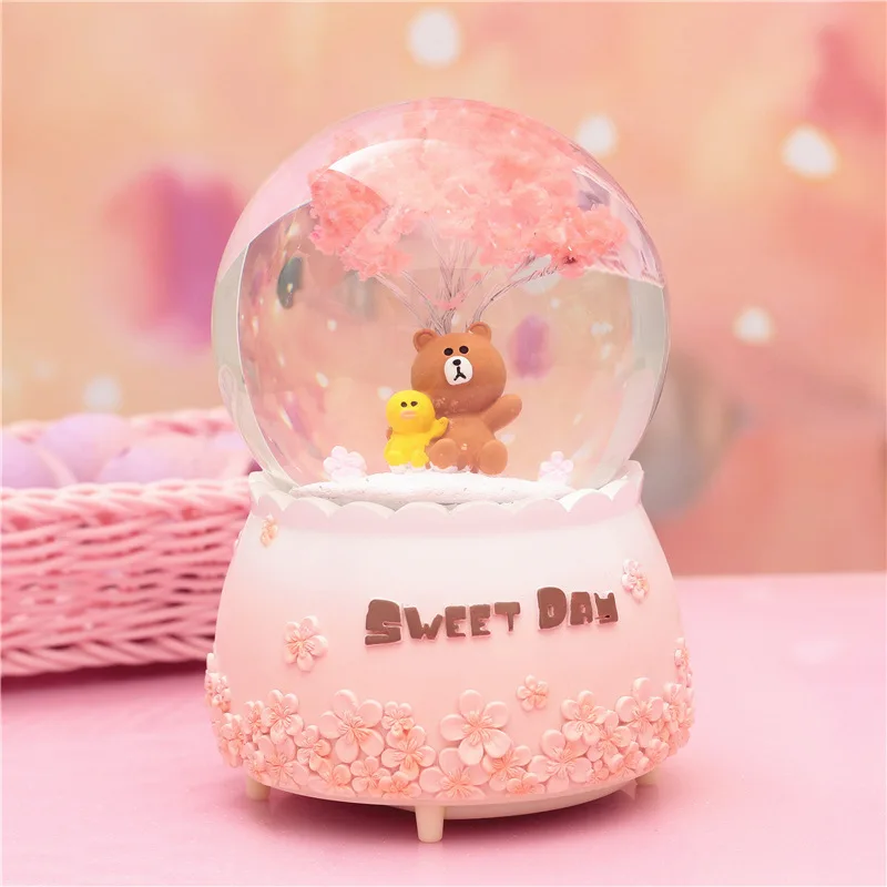 Музыкальная шкатулка в виде хрустального шара Вишневое дерево Единорог девушки