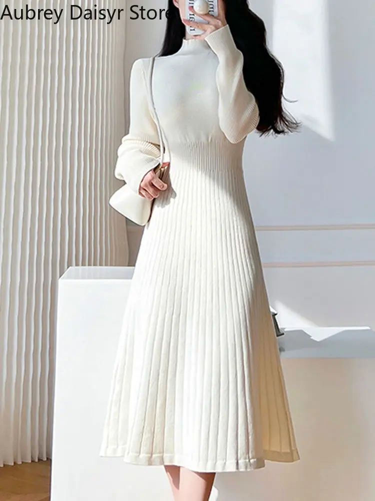 

Korean Fashion Midi Knitted Dress Women Elegant Chic Half High Collar Sweater Dress Autumn Warm Casual Slim Y2k Party Dress 2022