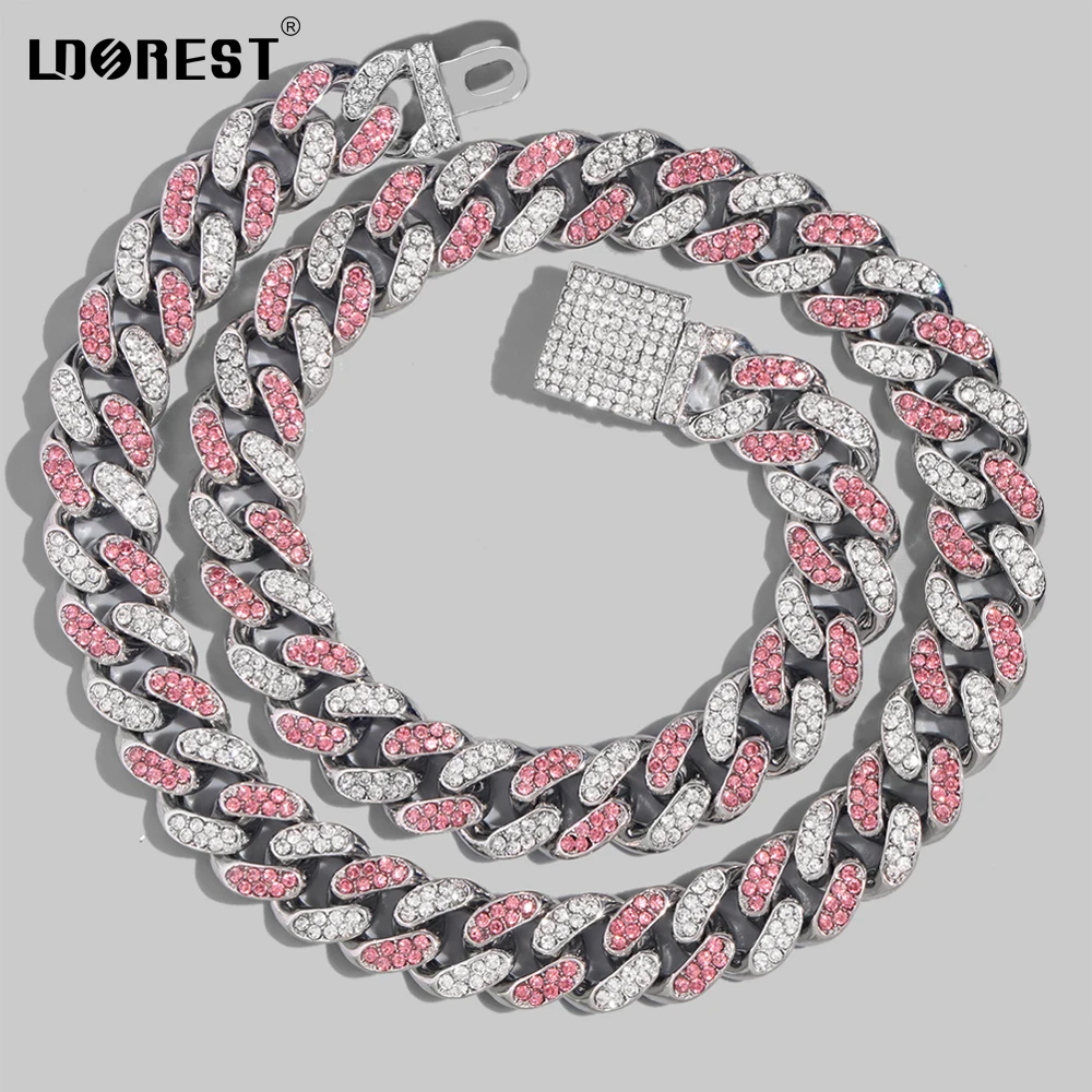 

Hip Hop Pink Rhinestones Paved Miami Cuban Link Chain For Men Iced Out 13MM Bling Cuban Choker Necklaces Rock Rapper Jewelry New
