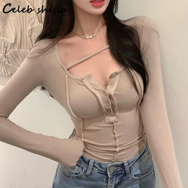 

Женская футболка с длинным рукавом, однобортная эластичная футболка цвета хаки с квадратным вырезом, весна 2022